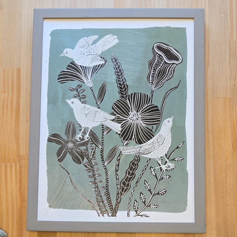 Floral and Bird Art Print in Gray Frame